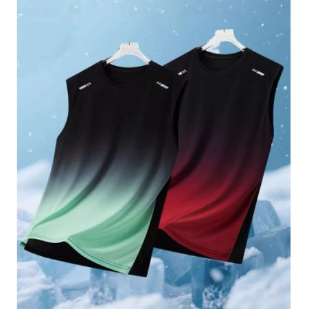 FA56880# 批发背心渐变迷彩印花冰丝体恤衫男夏季薄款运动汗衫宽松无袖跨境