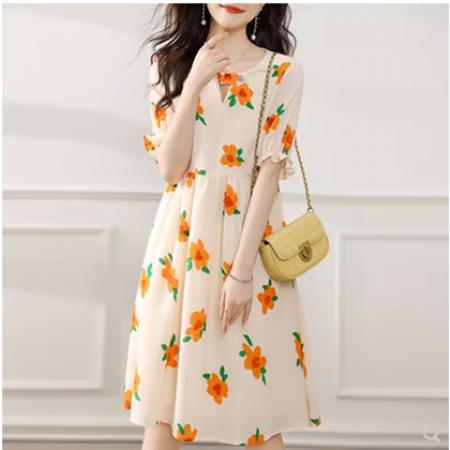 BY18119# 甜美温柔花朵印花连衣裙夏季新款通勤气质花边袖裙子  服裝批發女裝批發服飾貨源