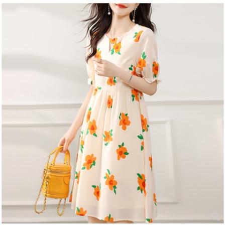 BY18119# 甜美温柔花朵印花连衣裙夏季新款通勤气质花边袖裙子  服裝批發女裝批發服飾貨源
