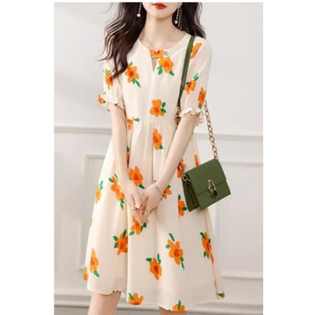 BY18119# 甜美温柔花朵印花连衣裙夏季新款通勤气质花边袖裙子  服裝批發女裝批發服飾貨源