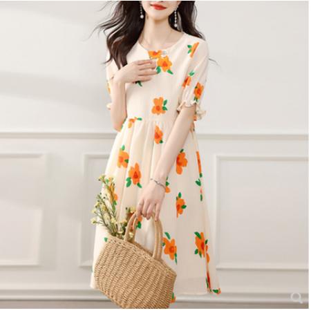 BY18119# 甜美温柔花朵印花连衣裙夏季新款通勤气质花边袖裙子  服裝批發女裝批發服飾貨源
