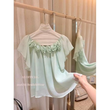 BY18120# 甜妹小飞袖蕾丝边轻纱小衫女夏简约百搭套头显瘦休闲上衣  服裝批發女裝批發服飾貨源