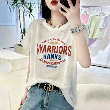 BY18121# 竹节棉夏季新款短袖印花大码宽松百搭休闲圆领上衣T恤  服裝批發女裝批發服飾貨源