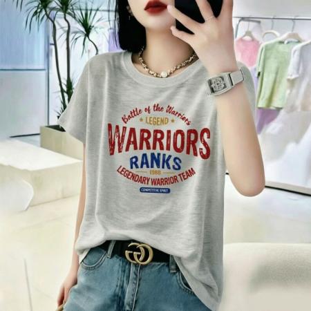 BY18121# 竹节棉夏季新款短袖印花大码宽松百搭休闲圆领上衣T恤  服裝批發女裝批發服飾貨源