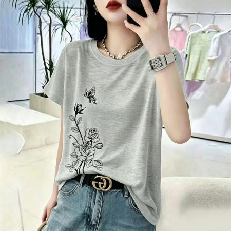 BY18122# 竹节棉夏季新款短袖印花大码宽松百搭休闲圆领上衣T恤  服裝批發女裝批發服飾貨源