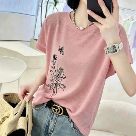 BY18122# 竹节棉夏季新款短袖印花大码宽松百搭休闲圆领上衣T恤  服裝批發女裝批發服飾貨源