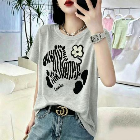 BY18123# 竹节棉夏季新款短袖印花大码宽松百搭休闲圆领上衣T恤  服裝批發女裝批發服飾貨源