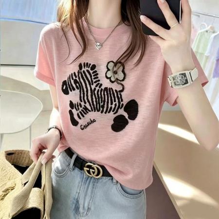 BY18123# 竹节棉夏季新款短袖印花大码宽松百搭休闲圆领上衣T恤  服裝批發女裝批發服飾貨源