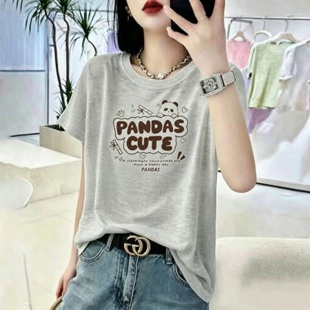 BY18124# 竹节棉夏季新款短袖印花大码宽松百搭休闲圆领上衣T恤  服裝批發女裝批發服飾貨源