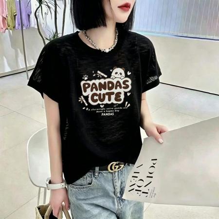 BY18124# 竹节棉夏季新款短袖印花大码宽松百搭休闲圆领上衣T恤  服裝批發女裝批發服飾貨源