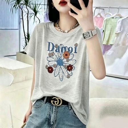 BY18126# 竹节棉夏季新款短袖印花大码宽松百搭休闲圆领上衣T恤  服裝批發女裝批發服飾貨源