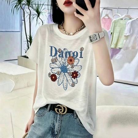 BY18126# 竹节棉夏季新款短袖印花大码宽松百搭休闲圆领上衣T恤  服裝批發女裝批發服飾貨源