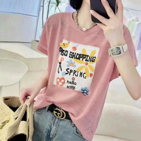 BY18127# 竹节棉夏季新款短袖印花大码宽松百搭休闲圆领上衣T恤  服裝批發女裝批發服飾貨源