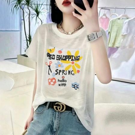 BY18127# 竹节棉夏季新款短袖印花大码宽松百搭休闲圆领上衣T恤  服裝批發女裝批發服飾貨源