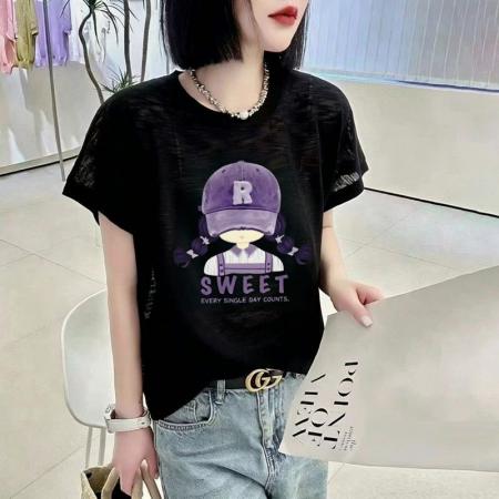 BY18128# 竹节棉夏季新款短袖印花大码宽松百搭休闲圆领上衣T恤  服裝批發女裝批發服飾貨源