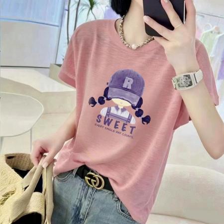 BY18128# 竹节棉夏季新款短袖印花大码宽松百搭休闲圆领上衣T恤  服裝批發女裝批發服飾貨源