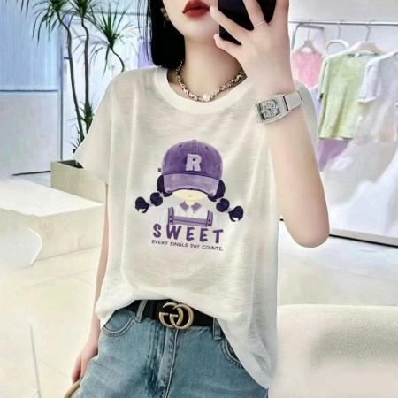 BY18128# 竹节棉夏季新款短袖印花大码宽松百搭休闲圆领上衣T恤  服裝批發女裝批發服飾貨源