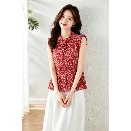 BY18130# 哥家新款夏季复古碎花无袖衬衫女时尚木耳边系带气质衬衣有货  服裝批發女裝批發服飾貨源