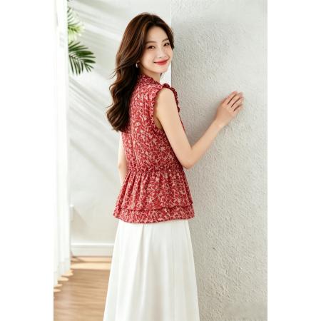 BY18130# 哥家新款夏季复古碎花无袖衬衫女时尚木耳边系带气质衬衣有货  服裝批發女裝批發服飾貨源