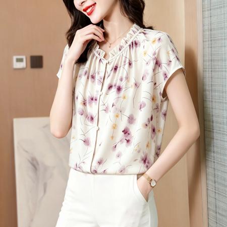 BY18131# 夏季印花木耳花边系带短袖宽松优雅舒服真丝上衣女  服裝批發女裝批發服飾貨源