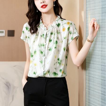 BY18131# 夏季印花木耳花边系带短袖宽松优雅舒服真丝上衣女  服裝批發女裝批發服飾貨源