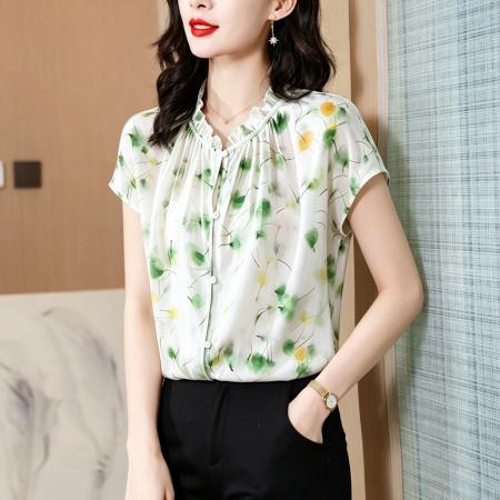 BY18131# 夏季印花木耳花边系带短袖宽松优雅舒服真丝上衣女  服裝批發女裝批發服飾貨源