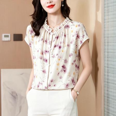 BY18131# 夏季印花木耳花边系带短袖宽松优雅舒服真丝上衣女  服裝批發女裝批發服飾貨源