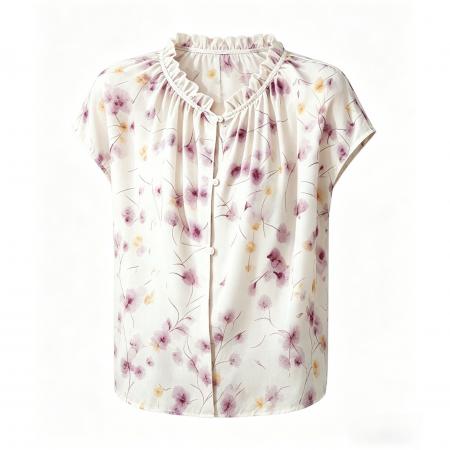 BY18131# 夏季印花木耳花边系带短袖宽松优雅舒服真丝上衣女  服裝批發女裝批發服飾貨源