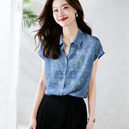 BY18133# 夏季新款时尚流行气质宽松清爽蓝色印花桑蚕丝衬衫女上衣薄款  服裝批發女裝批發服飾貨源