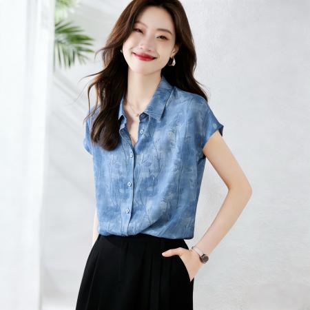 BY18133# 夏季新款时尚流行气质宽松清爽蓝色印花桑蚕丝衬衫女上衣薄款  服裝批發女裝批發服飾貨源