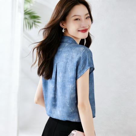 BY18133# 夏季新款时尚流行气质宽松清爽蓝色印花桑蚕丝衬衫女上衣薄款  服裝批發女裝批發服飾貨源