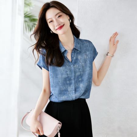 BY18133# 夏季新款时尚流行气质宽松清爽蓝色印花桑蚕丝衬衫女上衣薄款  服裝批發女裝批發服飾貨源