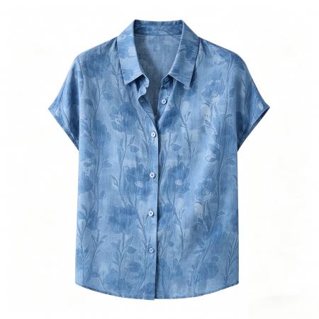 BY18133# 夏季新款时尚流行气质宽松清爽蓝色印花桑蚕丝衬衫女上衣薄款  服裝批發女裝批發服飾貨源