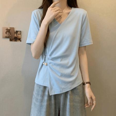 BY18134# 大码女装纯棉设计感交叉V领短袖T恤夏季胖mm显瘦独特别致掐腰小衫  服裝批發女裝批發服飾貨源