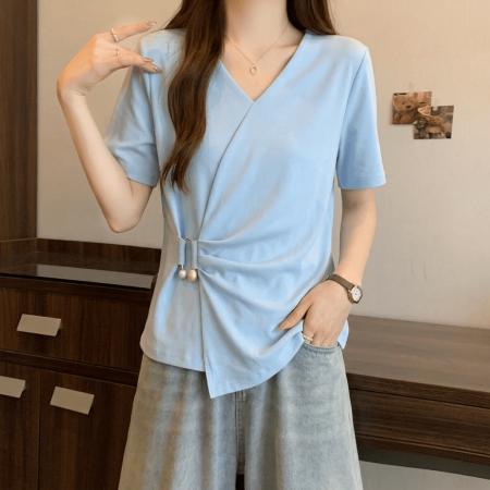 BY18134# 大码女装纯棉设计感交叉V领短袖T恤夏季胖mm显瘦独特别致掐腰小衫  服裝批發女裝批發服飾貨源