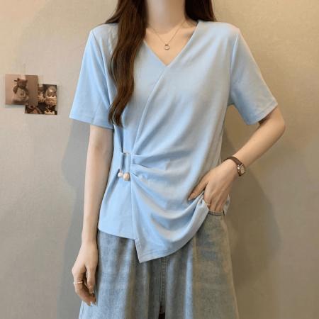 BY18134# 大码女装纯棉设计感交叉V领短袖T恤夏季胖mm显瘦独特别致掐腰小衫  服裝批發女裝批發服飾貨源