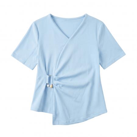 BY18134# 大码女装纯棉设计感交叉V领短袖T恤夏季胖mm显瘦独特别致掐腰小衫  服裝批發女裝批發服飾貨源