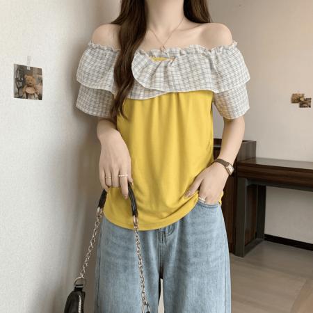 BY18135# 大码胖mm温柔风荷叶边一字肩纯棉短袖T恤女夏季别致绝美小衫上衣  服裝批發女裝批發服飾貨源