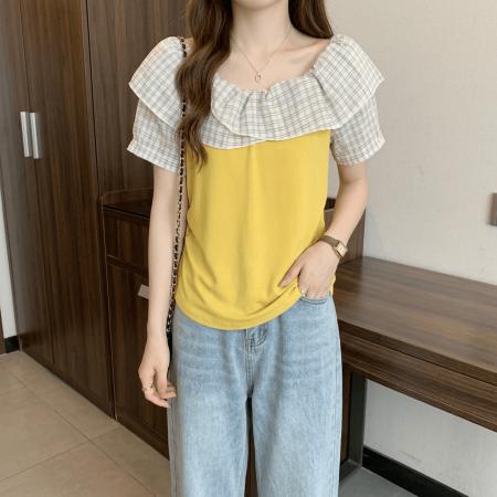 BY18135# 大码胖mm温柔风荷叶边一字肩纯棉短袖T恤女夏季别致绝美小衫上衣  服裝批發女裝批發服飾貨源