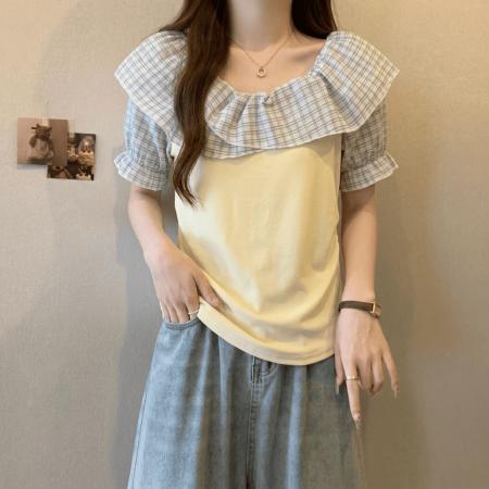 BY18135# 大码胖mm温柔风荷叶边一字肩纯棉短袖T恤女夏季别致绝美小衫上衣  服裝批發女裝批發服飾貨源