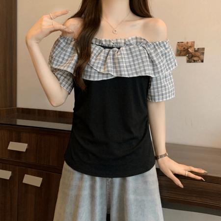 BY18135# 大码胖mm温柔风荷叶边一字肩纯棉短袖T恤女夏季别致绝美小衫上衣  服裝批發女裝批發服飾貨源