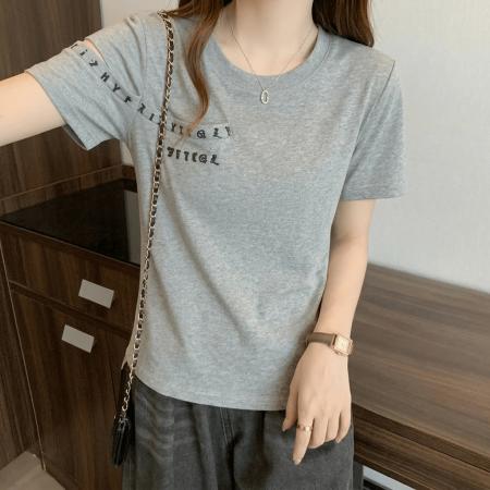 BY18136# 欧货字母印花镂空短袖T恤女夏季大码胖mm修身设计感纯棉上衣  服裝批發女裝批發服飾貨源