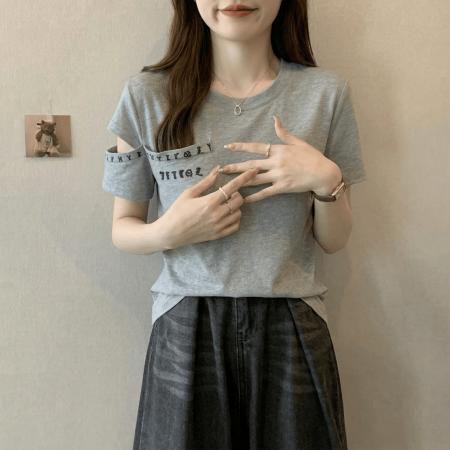 BY18136# 欧货字母印花镂空短袖T恤女夏季大码胖mm修身设计感纯棉上衣  服裝批發女裝批發服飾貨源