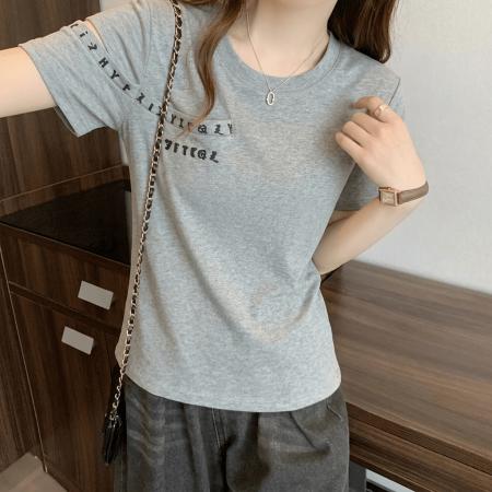 BY18136# 欧货字母印花镂空短袖T恤女夏季大码胖mm修身设计感纯棉上衣  服裝批發女裝批發服飾貨源