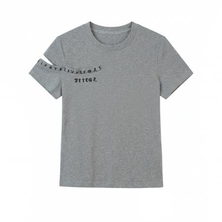 BY18136# 欧货字母印花镂空短袖T恤女夏季大码胖mm修身设计感纯棉上衣  服裝批發女裝批發服飾貨源