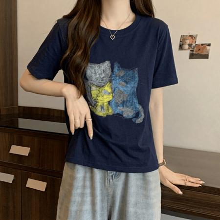BY18137# 纯棉韩版卡通猫咪短袖t恤女夏季大码胖MM洋气减龄宽松上衣  服裝批發女裝批發服飾貨源
