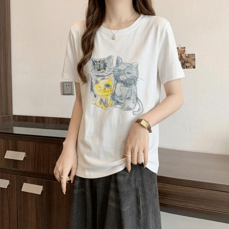 BY18137# 纯棉韩版卡通猫咪短袖t恤女夏季大码胖MM洋气减龄宽松上衣  服裝批發女裝批發服飾貨源