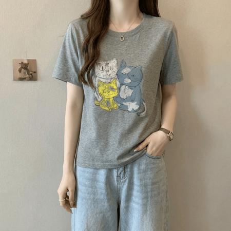 BY18137# 纯棉韩版卡通猫咪短袖t恤女夏季大码胖MM洋气减龄宽松上衣  服裝批發女裝批發服飾貨源