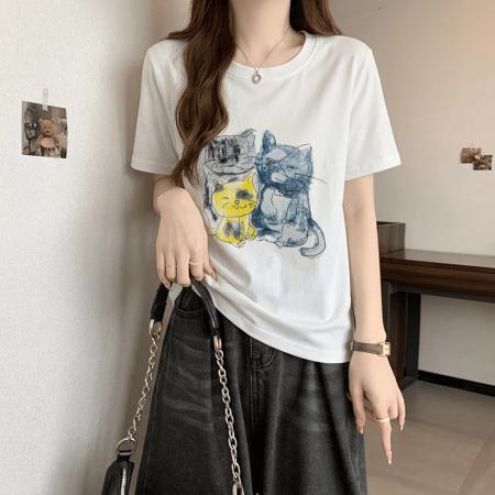 BY18137# 纯棉韩版卡通猫咪短袖t恤女夏季大码胖MM洋气减龄宽松上衣  服裝批發女裝批發服飾貨源