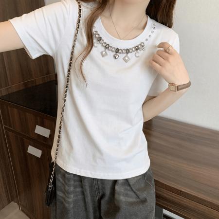 BY18138# 欧货重工镶钻短袖纯棉T恤女夏季大码胖mm显瘦宽松设计感上衣  服裝批發女裝批發服飾貨源